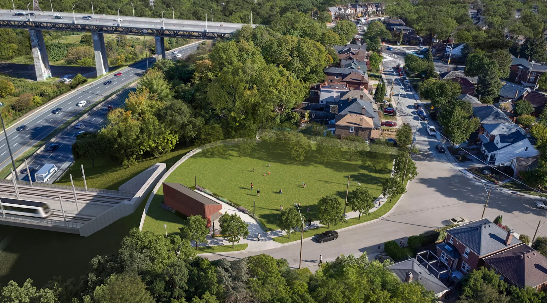 Aerial rendering of the future Minton Place tunnel portal, emergency exit building, and community parkette