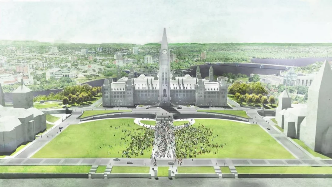 Centre Block and Parliament Hill — front-lawn concept visualization.