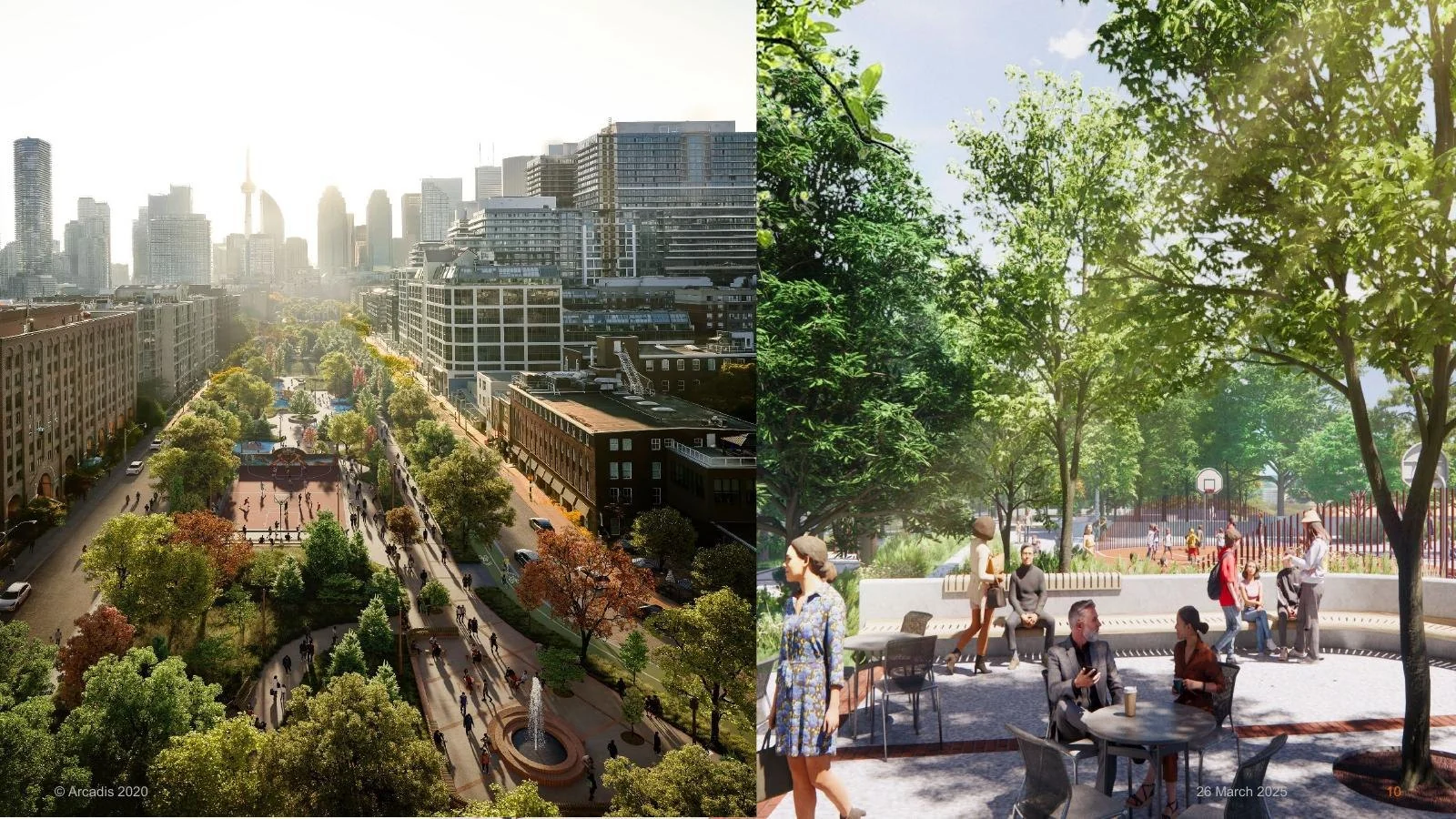 Two perspective renderings of David Crombie Park: aerial park context and a shaded seating area beside the basketball court
