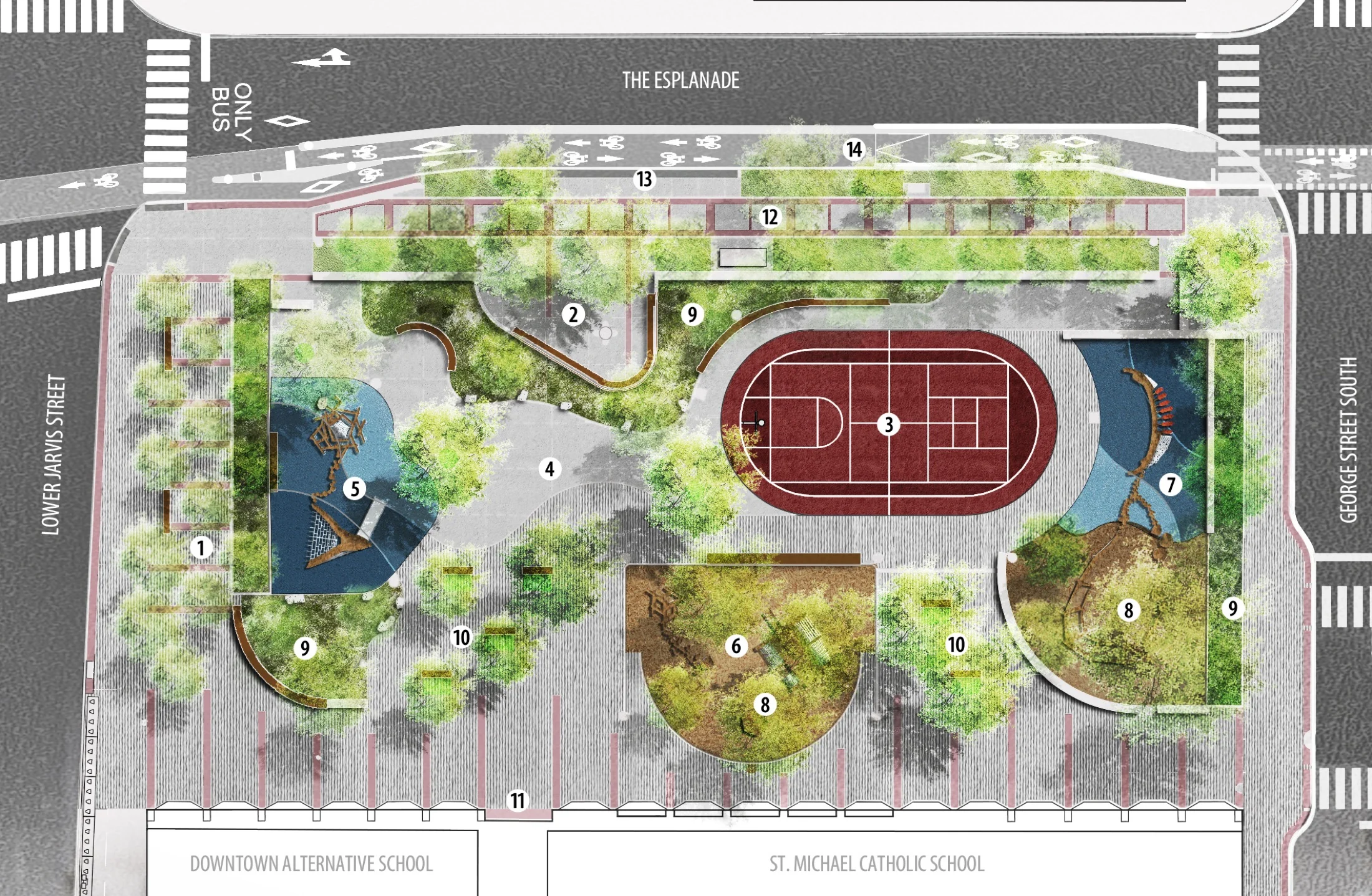 Detailed rendered plan for Block 2 of David Crombie Park