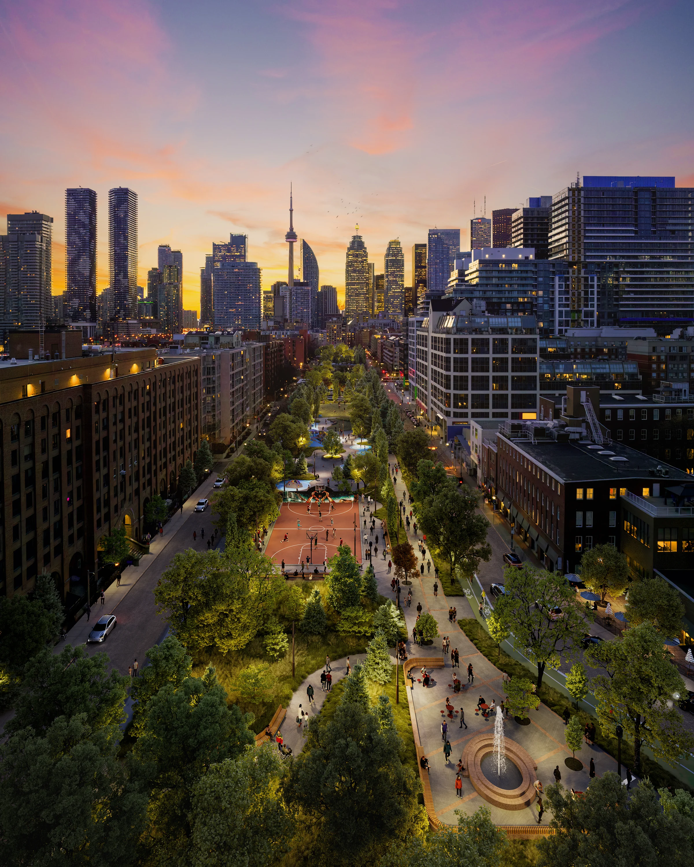 Dusk aerial visualization of David Crombie Park with illuminated public spaces and the Toronto skyline