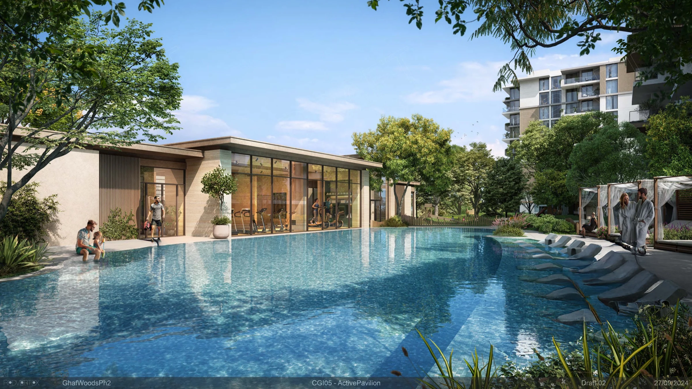 Ghaf Woods active pavilion and swimming pool surrounded by landscape planting
