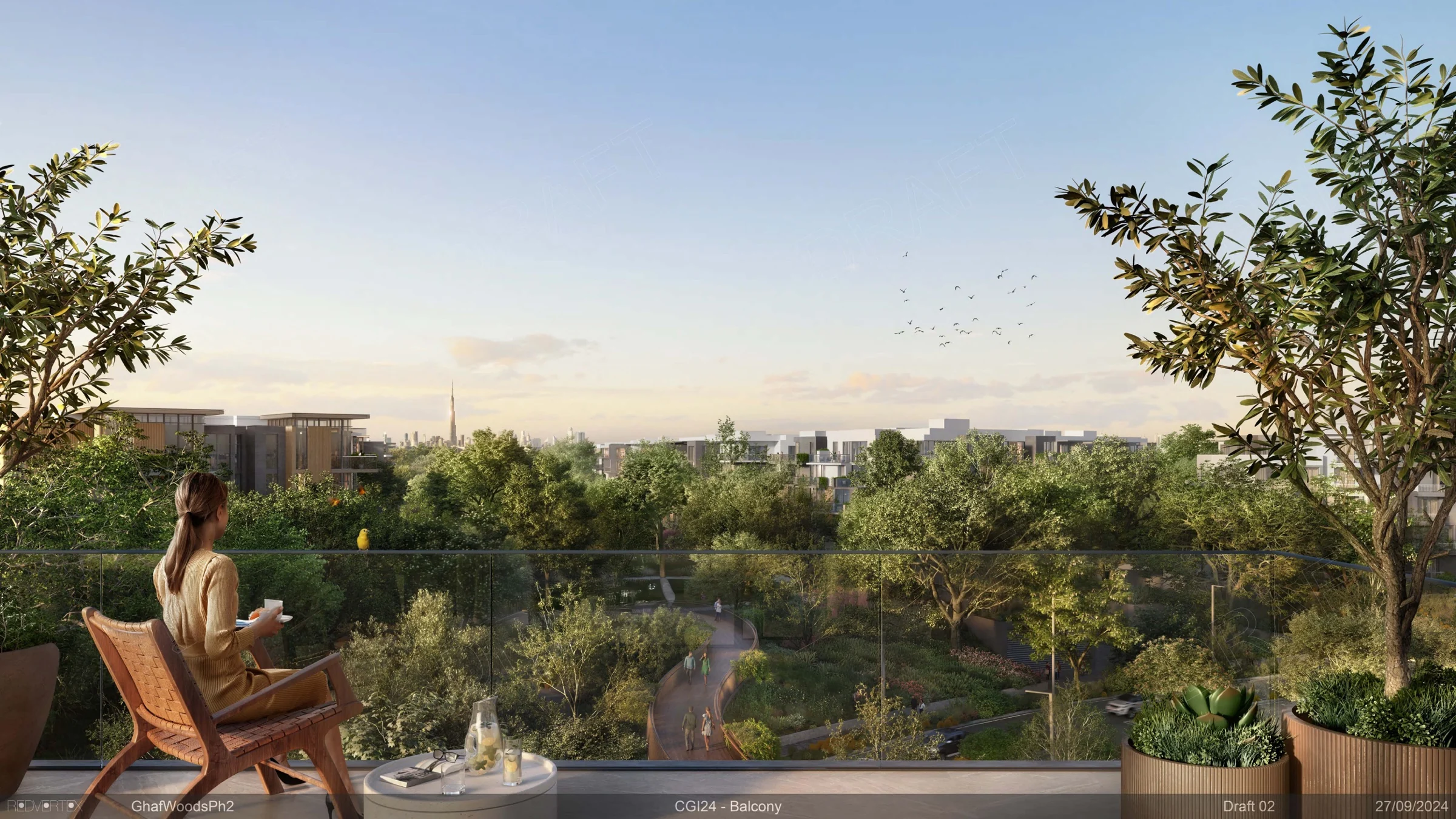 View from a planted balcony across the Ghaf Woods forest canopy and pedestrian network