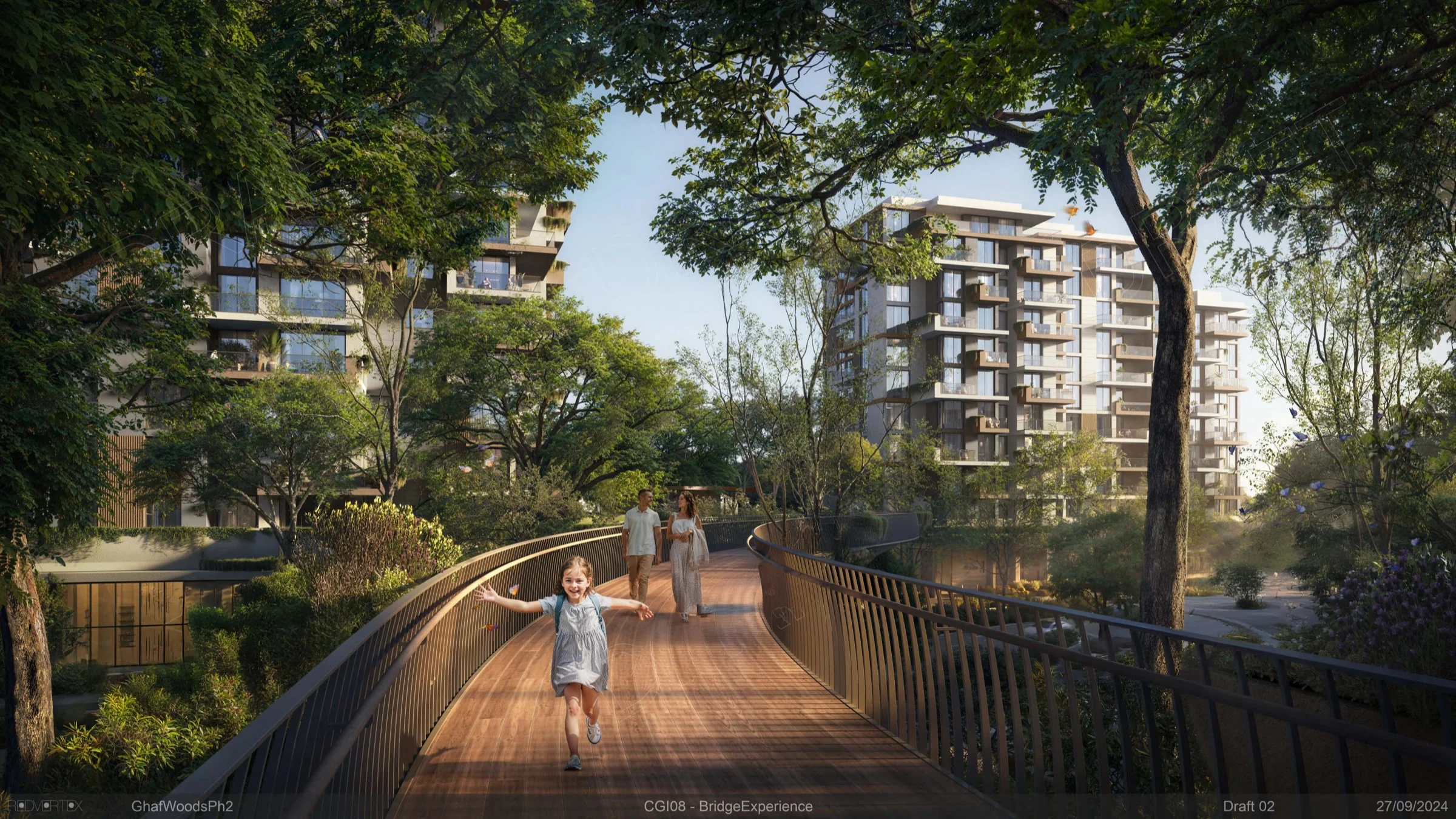 Elevated pedestrian bridge through trees within the Ghaf Woods community