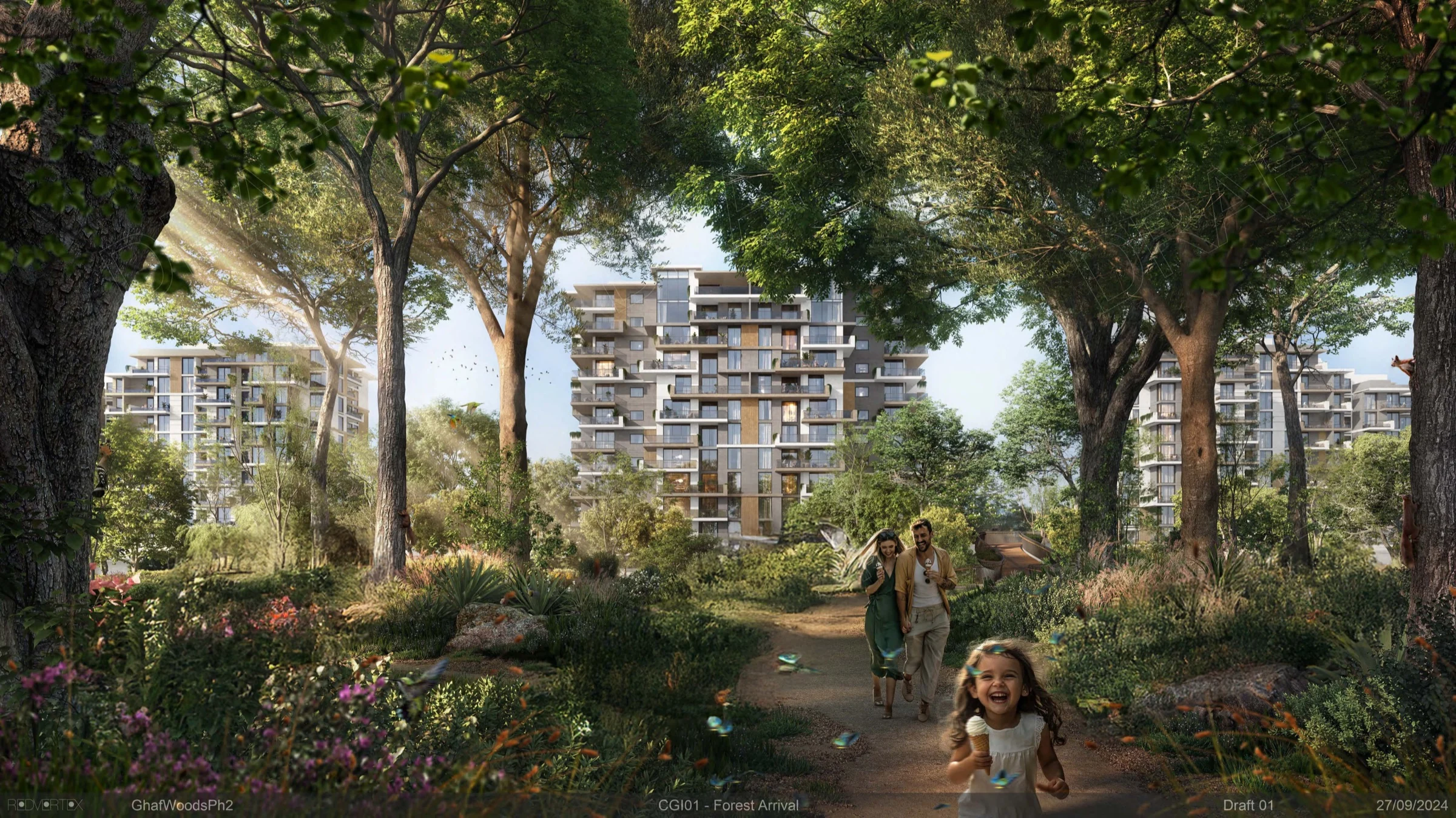 Ghaf Woods forest arrival rendering with planted walking paths and residential buildings framed by mature trees