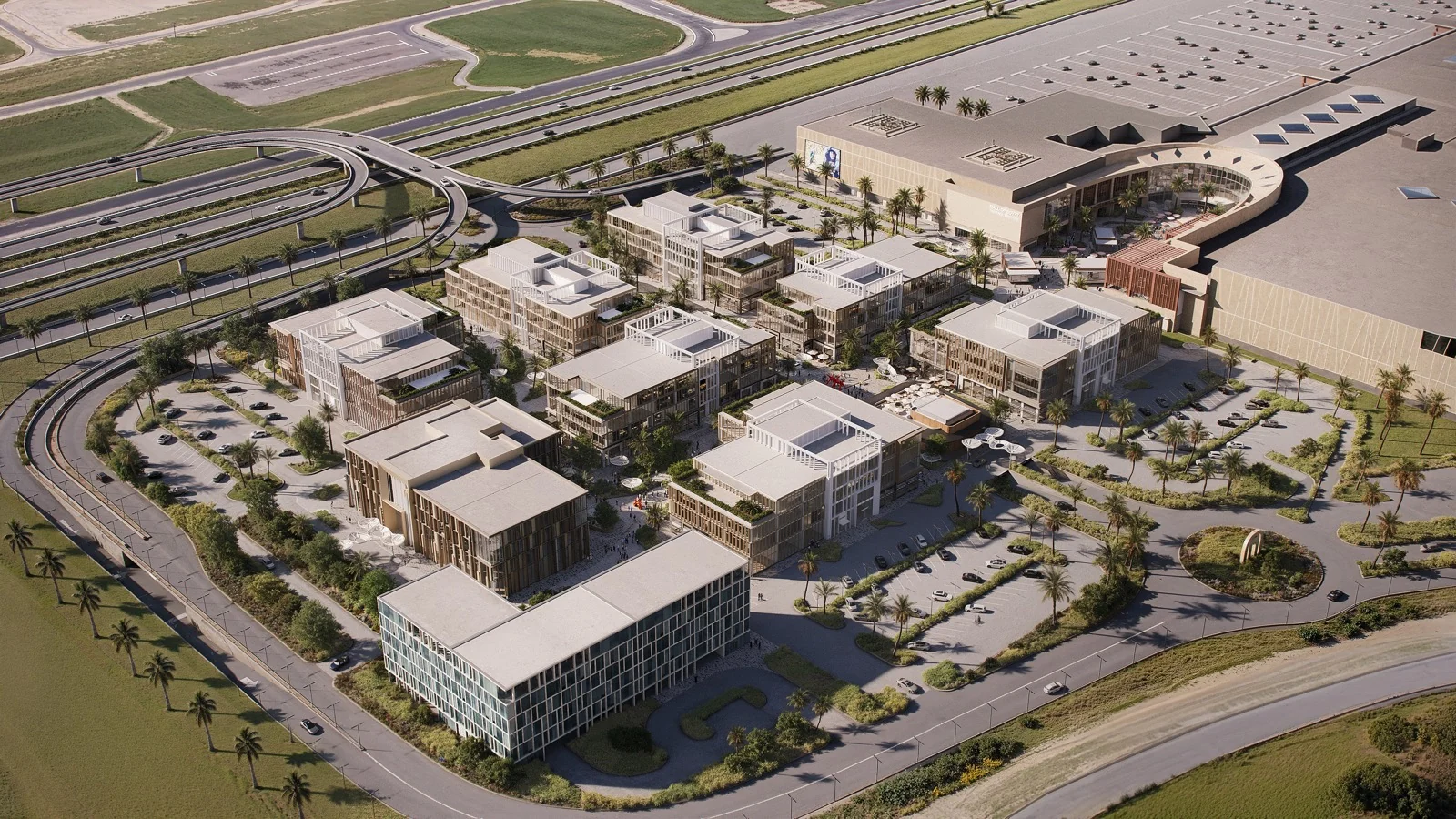 Daytime aerial rendering showing JUNCTION’s office campus, central plazas, landscaped edges, and connection to Mall of Egypt