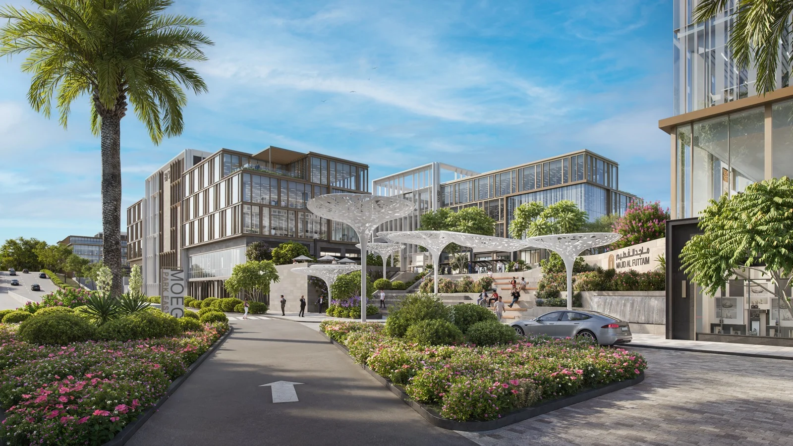 JUNCTION arrival area with planted beds, drop-off access, steps, and sculptural shade canopies