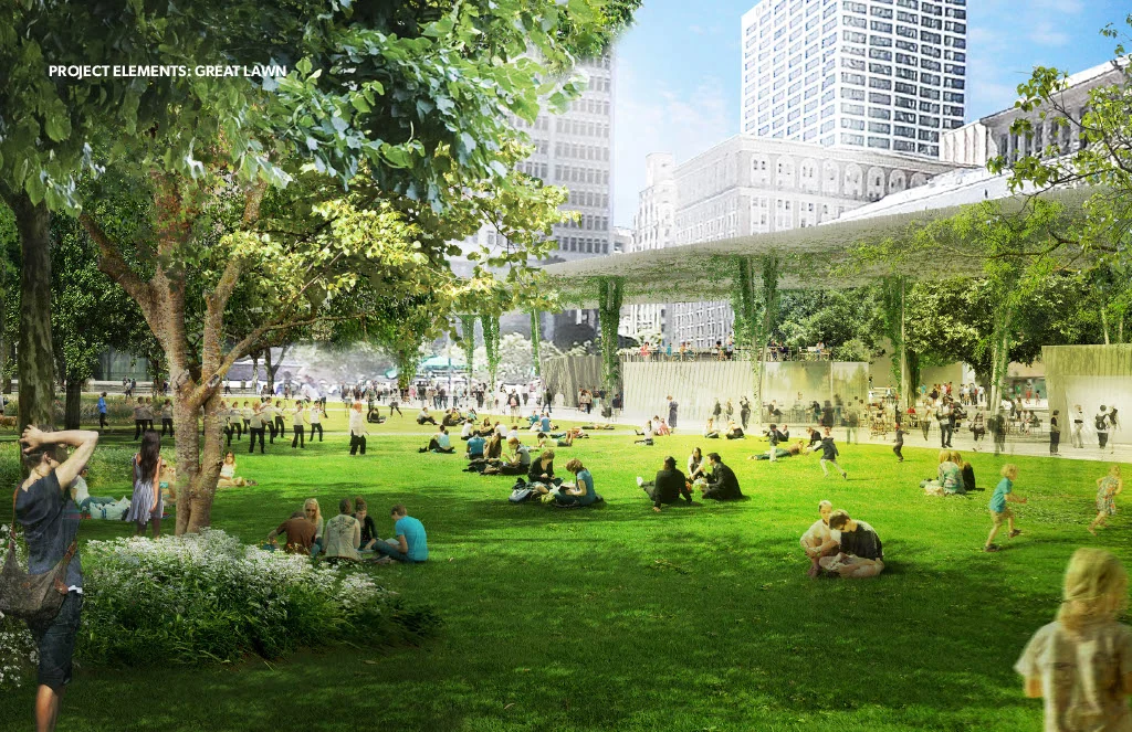 Lawn and canopy — public-space concept visualization.