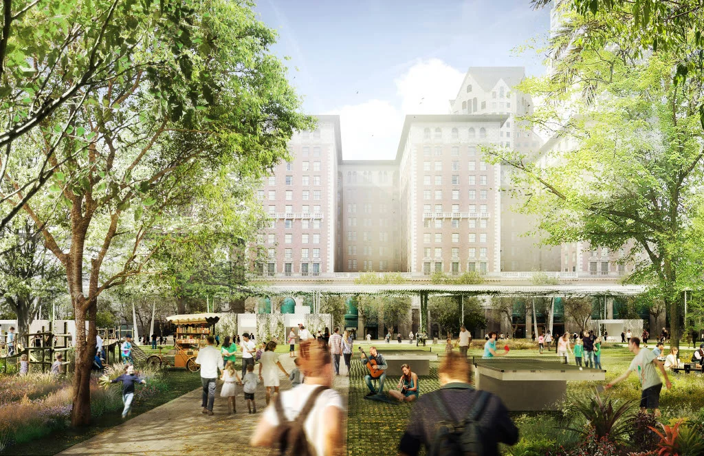 Daytime public life — lawn, planting and canopy visualization.