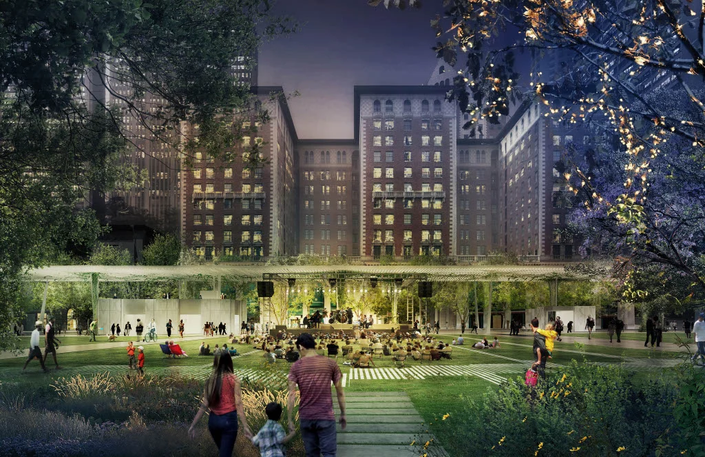 Evening public life — lawn and illuminated canopy visualization.