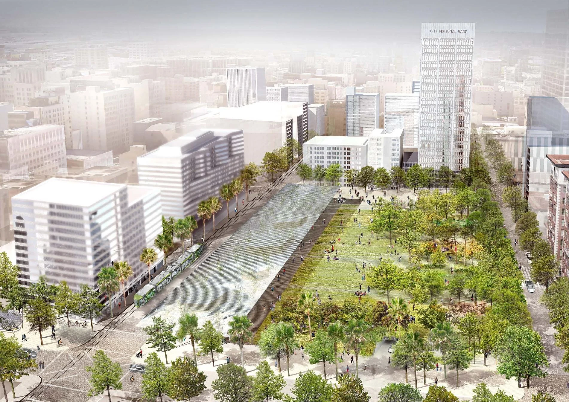 Aerial concept rendering of Pershing Square’s proposed lawn, canopy and surrounding public realm