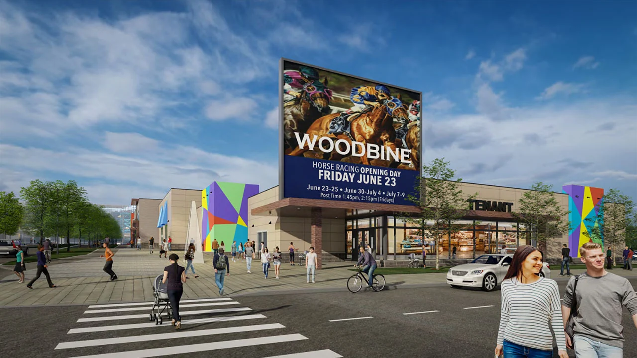 Woodbine Block 9 concept rendering of retail frontages, pedestrian crossings and planting