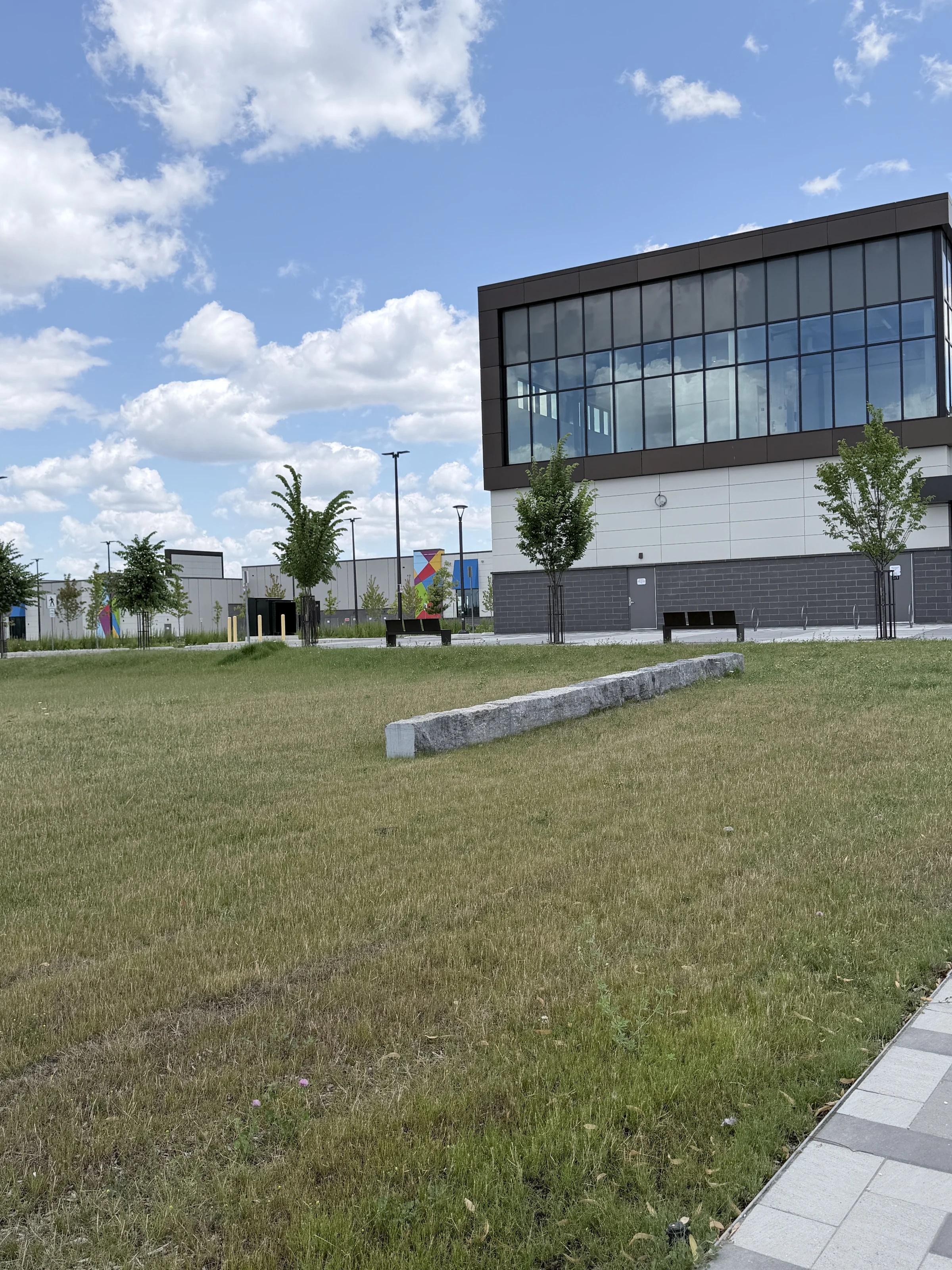 Woodbine Block 9 — Landscape planting and lawn beside the building frontage.